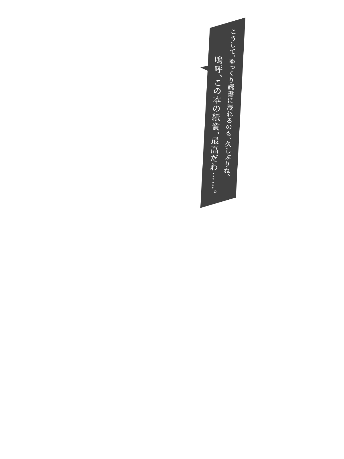 こうして、ゆっくり読書に浸れるのも、久しぶりね。嗚呼、この本の紙質、最高だわ……。